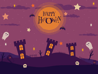 Happy halloween Night banner poster invitation  background With cute cartoon halloween characters Trendy  design illustration 