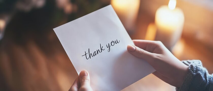 A person's hand holds a "thank you" card, set against a soft, warm background with candles, conveying gratitude and appreciation.