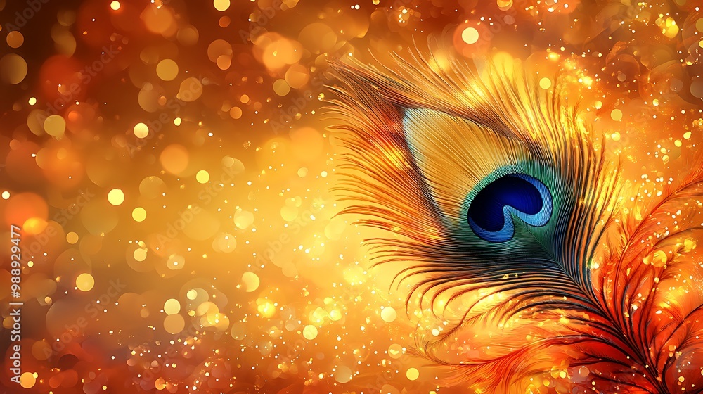 Canvas Prints A single peacock feather with bright blue, green, and yellow colors on a sparkling golden background.