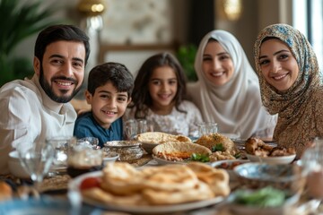 Happy Middle Eastern family shares pita bread at dining table on Ramadan, Generative AI