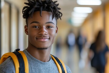 Happy black teenage boy in school hallway looking at camera, Generative AI