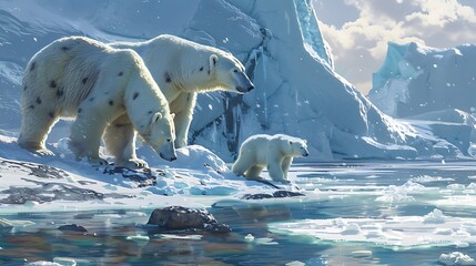 Naklejka premium Family of polar bears stands on a frozen arctic landscape with a snowy mountain range in the background.
