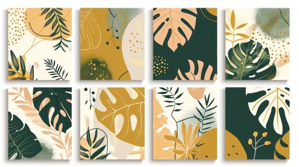 Six-piece wall art set with abstract depictions of tropical plants in green, beige, and yellow, including monstera leaves and boho floral patterns.