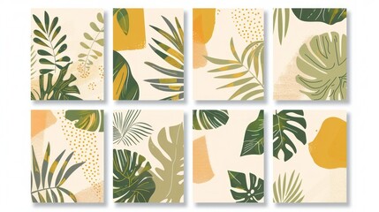 Six-piece wall decor set with abstract tropical plant art in shades of green, beige, and yellow, including boho-style monstera and floral illustrations.
