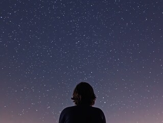 Fototapeta premium A silhouette of a person gazes at a star-filled night sky, creating a serene and contemplative atmosphere.