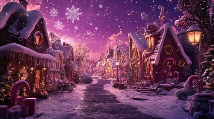 Obraz premium Magical Winter Village Under Falling Snow and Large Snowflakes