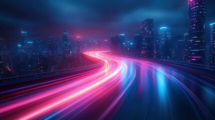 Obraz premium abstract futuristic cityscape with neon energy waves pulsating pink purple and blue light trails create dynamic motion hightech urban environment with data visualization concept