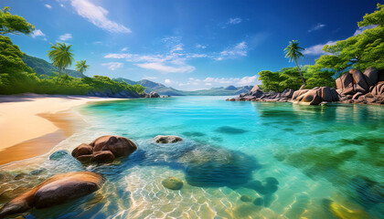 Obraz premium Tropical beach with clear waters and lush greenery under a blue sky