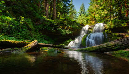 Fototapeta premium Lush green forest with a serene waterfall cascading into a tranquil pool
