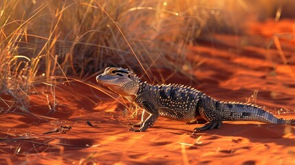 Close-up of a lizard in the Australian outback with a red sand background and golden sunlight