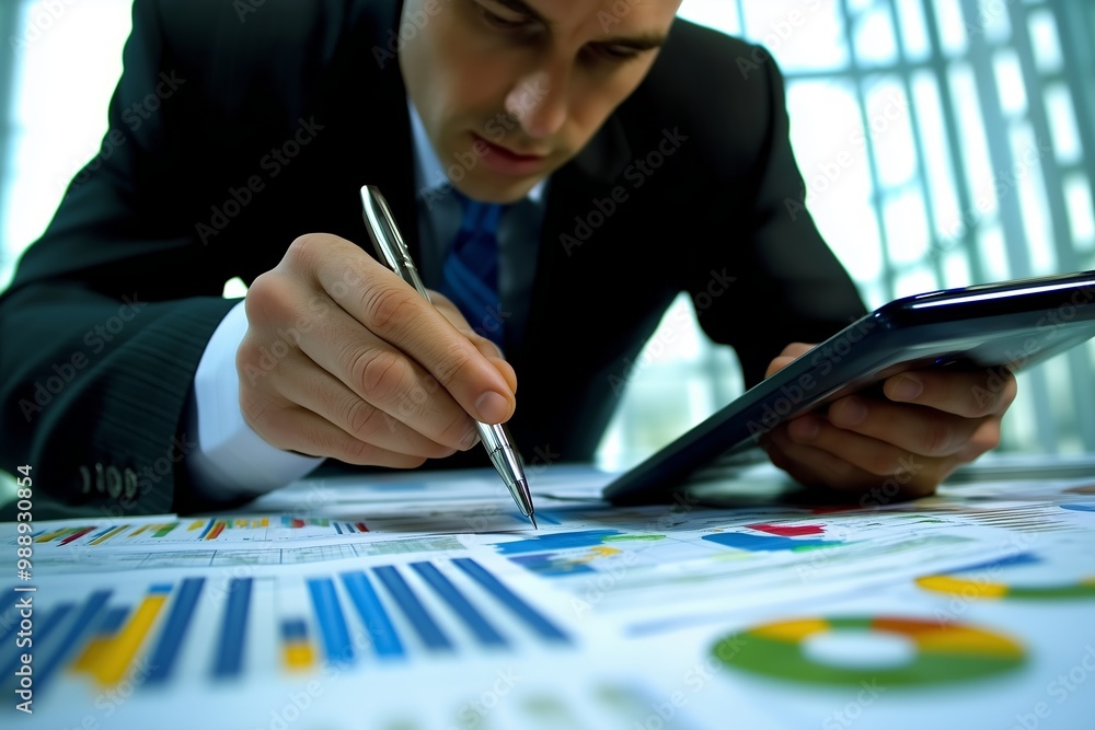 Poster business professional analyzing data and graphs while preparing a report in a modern office setting 