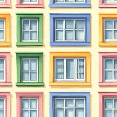 Obraz premium Colorful facade of a building with various window frames in vibrant colors.