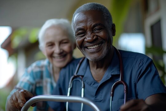 Happy black nurse assists senior man in using mobility walker at nursing home, Generative AI