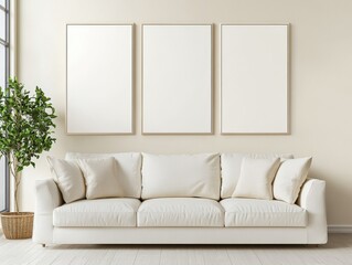 Elegant Triptych Layout of Blank Canvases in Modern Living Space