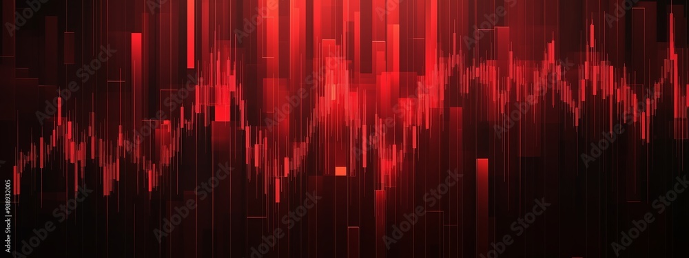 Poster dynamic red waveform illustration depicting sound or data fluctuations in an abstract style on a dar