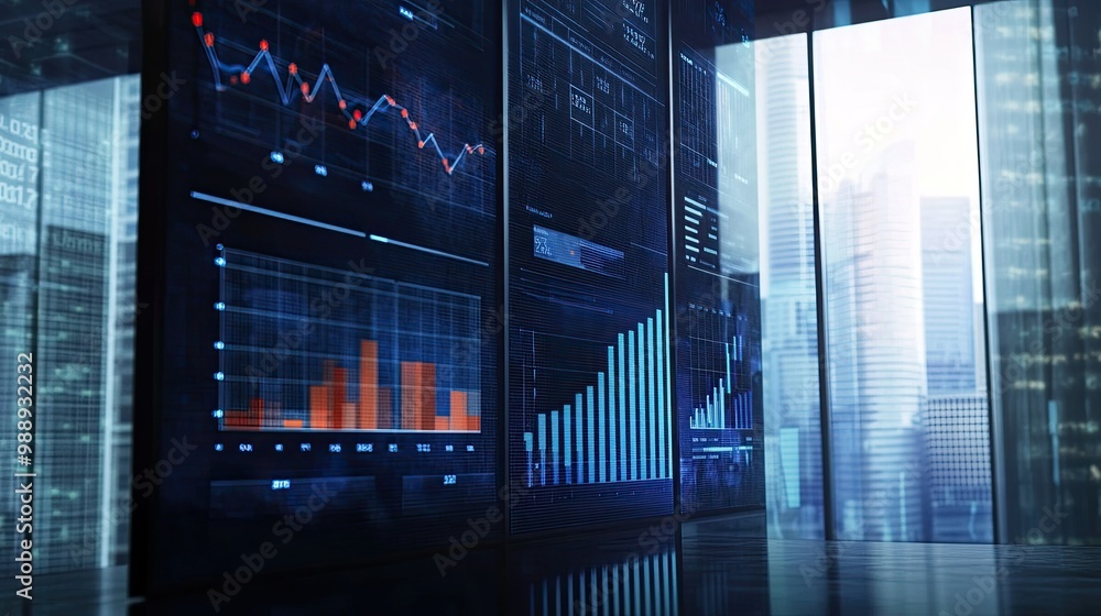 Aufkleber a business-themed background showing charts, graphs, and data analytics on a digital screen with a m