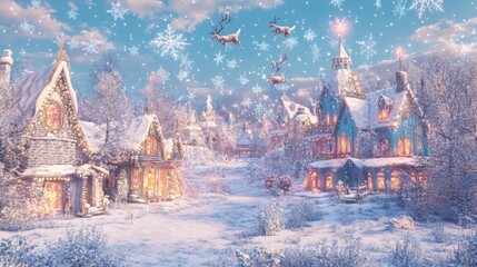 Snowy Winter Village with Airplanes and Falling Snowflakes