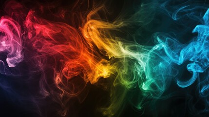 Fototapeta premium Dark, wispy black smoke intertwines with vibrant rainbow swirls in red, yellow, blue, and green, creating a bold, mysterious abstract background.