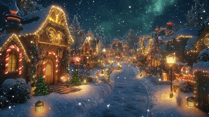 Christmas Village Glowing in the Snowy Night