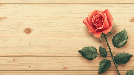 Elegant Rose Leaf Vector Illustration on Wooden Background for Valentine's Day | Minimalist Design with Ample Space