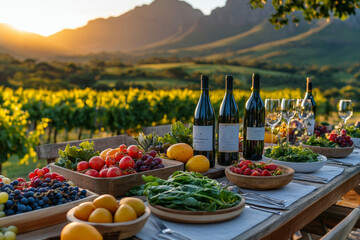 A beautifully arranged table features an array of fresh fruits and vegetables alongside several wine bottles, with a stunning vineyard backdrop and mountains during sunset.