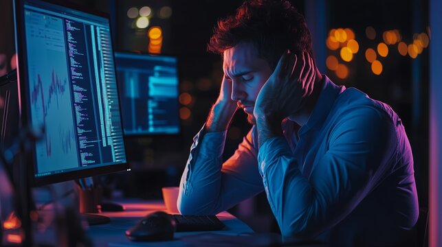 A stressed individual working late at night, gazing at multiple screens filled with graphs and data in a modern office environment