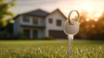 key showing key from new house rented leased purchased apartment, Moving house, relocation. New house, belongings and furniture. move in the apartment or condominium. New landlord, Becoming homeowner