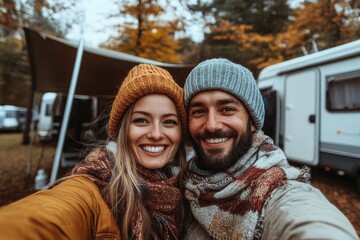 Happy couple of campers taking selfie at trailer park in autumn, Generative AI