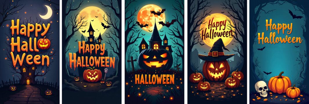 Halloween Background. Collage of illustrations with text Happy Halloween with jack-o'-lantern, bat, skull, haunted house