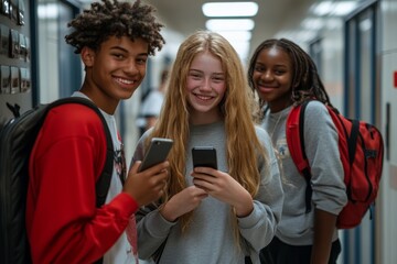Happy high school friends using cell phones in hallway, Generative AI