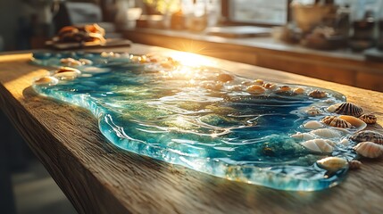 Epoxy resin tide pool design on a wooden table, featuring clear blue and green resin with embedded stones and seashells, creating a realistic tide pool effect,