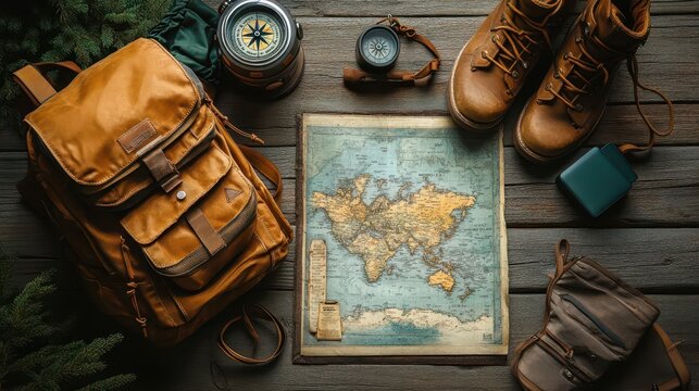 adventurers essentials laid out on rustic wooden surface backpack compass map hiking boots and camping gear warm earthy tones evoke wilderness exploration