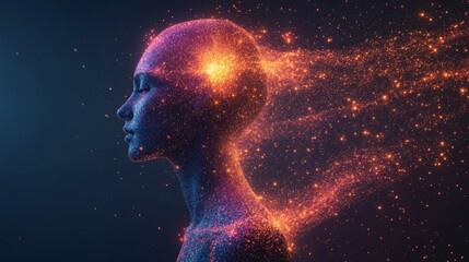 A glowing capsule dissolves, particles creating a human form, representing the merge of technology and healingSci-fi, hologram, surreal, vivid colors