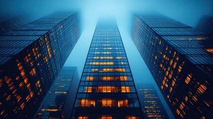 Low-angle view of luxury business office buildings with sleek glass facades, captured during the blue hour in the city center