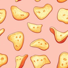 Colorful patterns of crispy snacks against a pastel pink background.