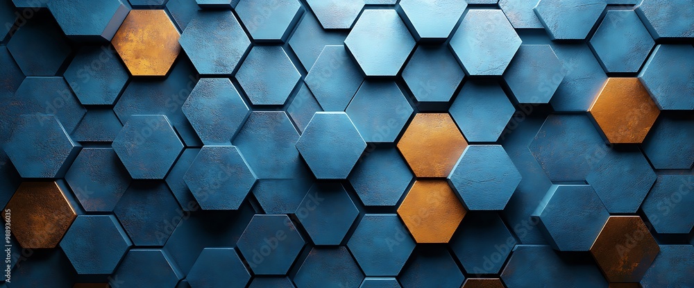 Poster abstract background with blue and orange hexagonal shapes.
