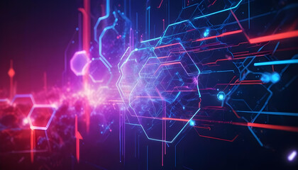 Fototapeta premium Futuristic neon hexagonal shapes and lines against a dark background with glowing effects, creating a high-tech, cyberpunk-inspired abstract composition