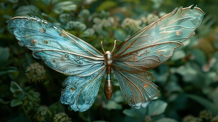 Close-up of a digital illustration of a metallic butterfly with blue and gold wings