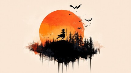 Silhouette of a Witch with Bats and Forest on Orange Background
