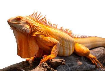 Portrait side view of a gold chameleon, Chamaeleo calyptratus on dry tree branch, isolated on transparent background, PNG File
