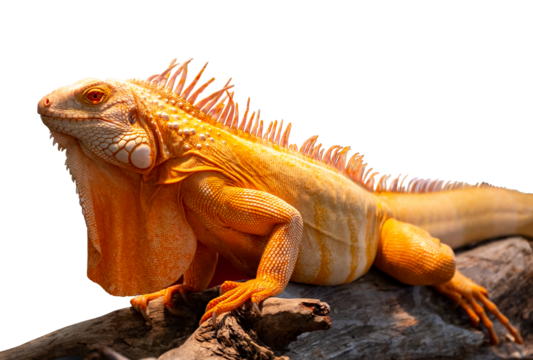 Portrait side view of a gold chameleon, Chamaeleo calyptratus on dry tree branch, isolated on transparent background, PNG File