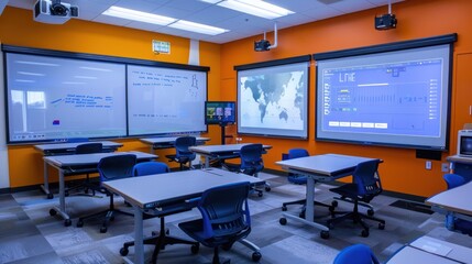 Smart classroom technology showcasing digital boards, AI integration, and learning devices
