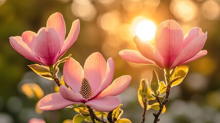 Fototapeta premium Three Delicate Magnolia Blossoms Bask in the Golden Glow of the Setting Sun