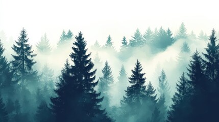 Fototapeta premium Serene Minimalist Vector Illustration of Foggy Spruce Forest Close-Up Viewing with Elegant Design, Isolated on White Background