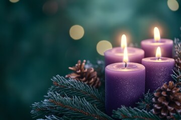 Cozy winter scene with glowing purple candles and festive pine branch decorations