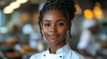 african american female chef in professional kitchen focused on food preparation stainless steel appliances and cookware visible chefs whites crisp and clean