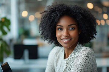 Obraz premium Happy female entrepreneur using touchpad while working in office and looking at camera, Generative AI