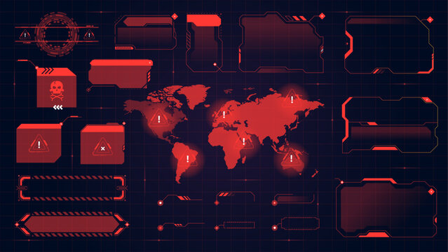 Red futuristic HUD, user interface elements. Sci-fi UI text fields, callouts. Warning message frames and
world map, information windows template.