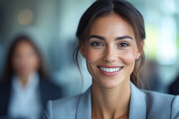 Fototapeta premium Happy businesswoman having meeting with coworkers in office and looking at camera, Generative AI