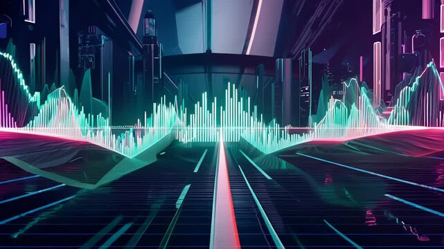 Futuristic Digital Soundwave Visualizer in Neon Cyberpunk Cityscape